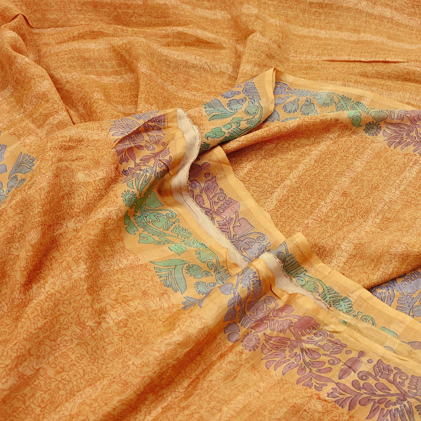 Indian Vintage Sari Saffron 100% Pure Silk Printed Saree 6yd Sewing Craft Fabric Dress Making Soft Wrap Floral Abstract Quilting Crafting