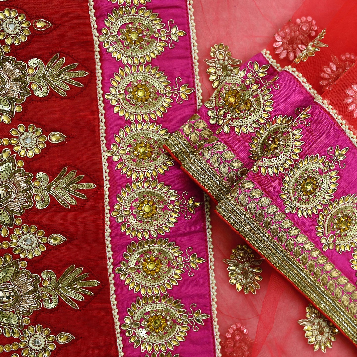 Indian Vintage Heavy Bridal Bright Red Dupatta Net Mesh Long Stole Hand Embroidered Scarves Silver Zardozi Dabka Zari Wedding veil hijab