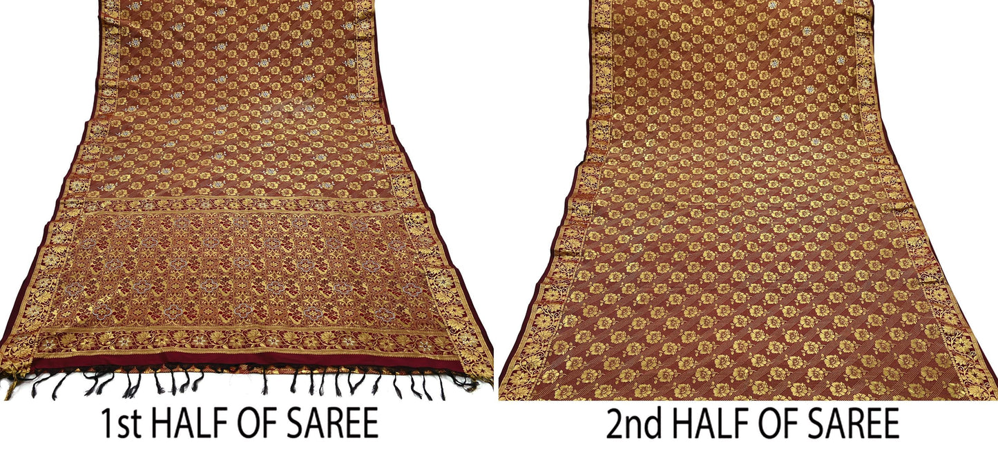 Indian Vintage Heavy Maroon Saree 100% Pure Silk Hand Woven Kanjeevaram Sari 5yd Ethnic Zari Premium Wedding Saree With Blouse Fabric