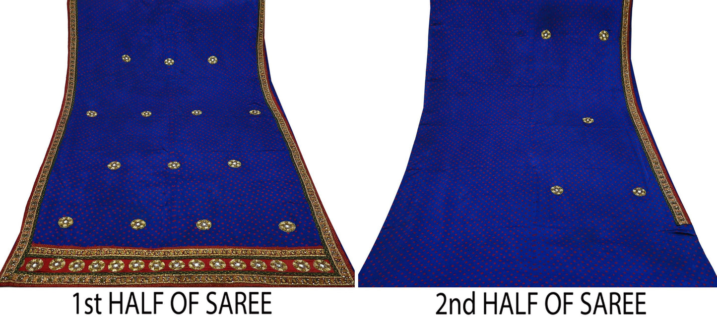 Indian Vintage Blue Saree Hand Embroidered Bandhani Printed Sari 100% Pure Satin Silk Indian Sari Fabric 5yard Soft Craft Fabric Beaded