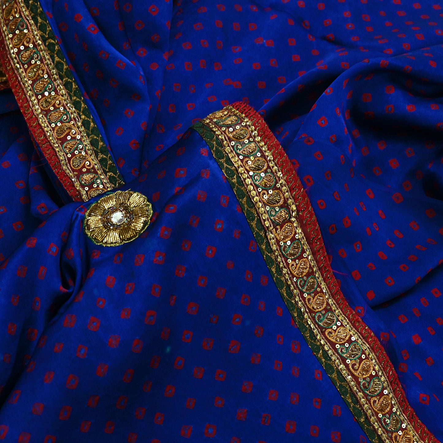 Indian Vintage Blue Saree Hand Embroidered Bandhani Printed Sari 100% Pure Satin Silk Indian Sari Fabric 5yard Soft Craft Fabric Beaded