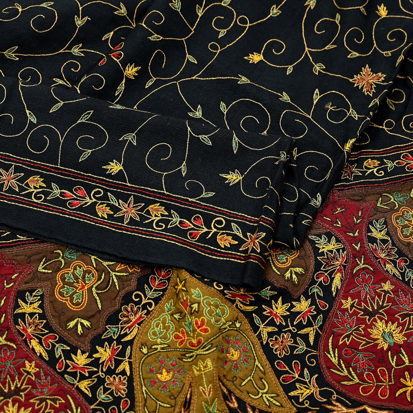 New Black Pure Woolen Shawl Handmade Suzani Long Throw Stole Warm Stole Floral Design