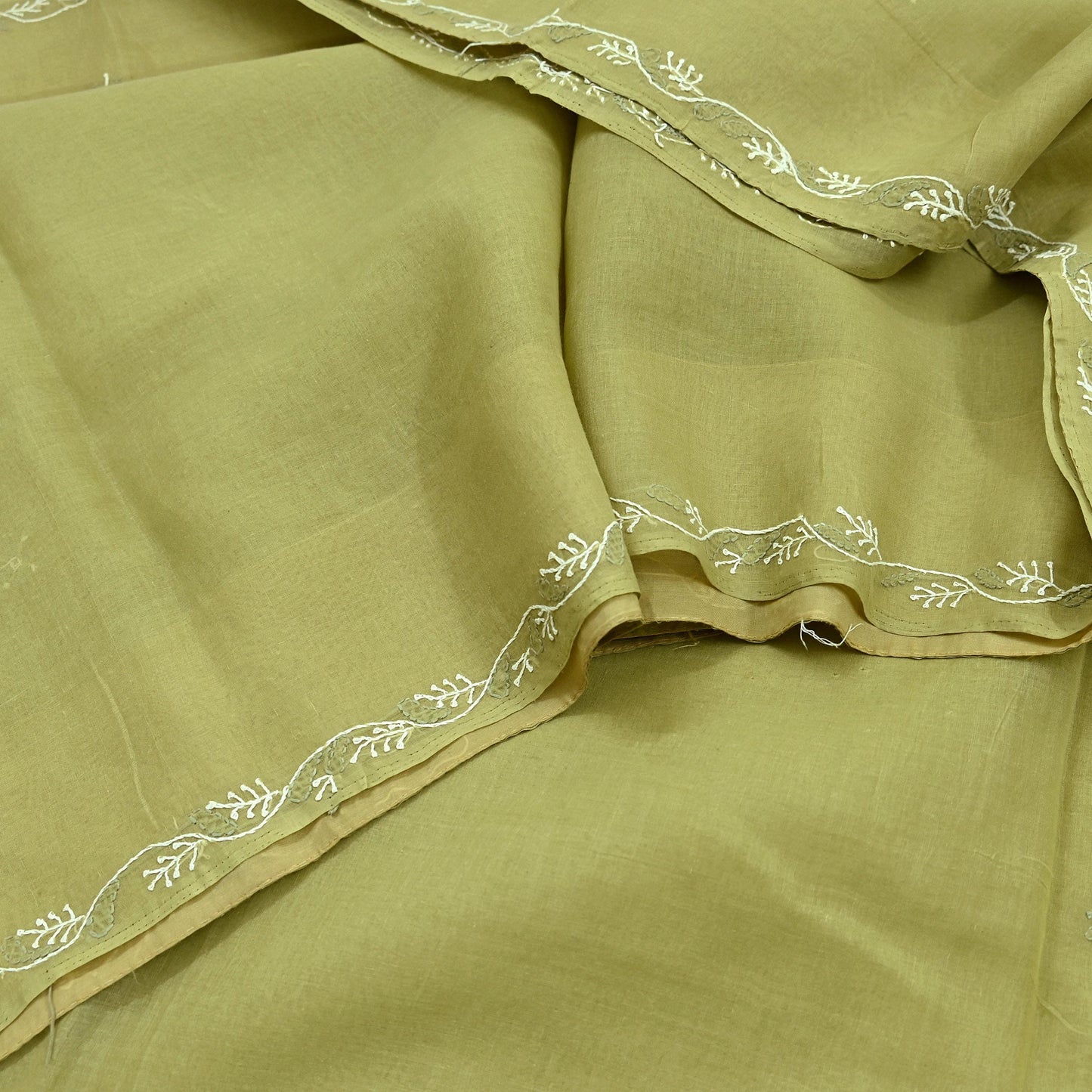 Indian Vintage Sari Green Cotton Hand Embroidered Kantha Sarees Craft Fabric 5yd Sewing Floral Soft Dress Making Crafting Upcycle Quilting