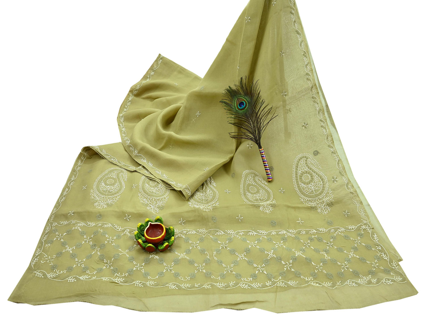 Indian Vintage Sari Green Cotton Hand Embroidered Kantha Sarees Craft Fabric 5yd Sewing Floral Soft Dress Making Crafting Upcycle Quilting