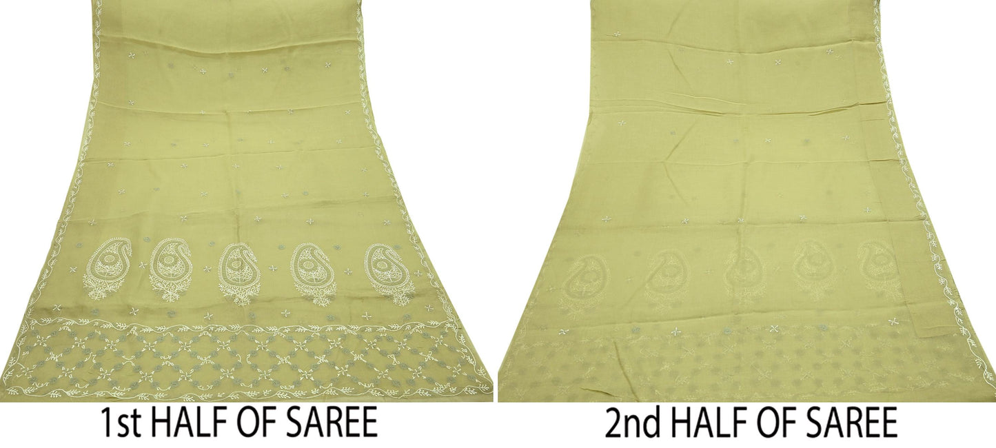 Indian Vintage Sari Green Cotton Hand Embroidered Kantha Sarees Craft Fabric 5yd Sewing Floral Soft Dress Making Crafting Upcycle Quilting