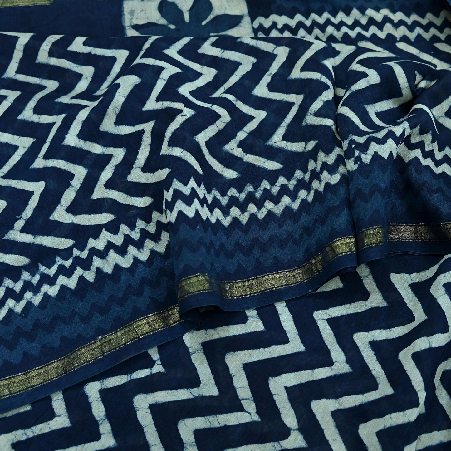 Indian Vintage Sari Blue Pure chanderi Silk Bagru Printed Sarees Fabric 5Yd Floral Soft Golden Zari Border Ethnic Dress making Upcycle