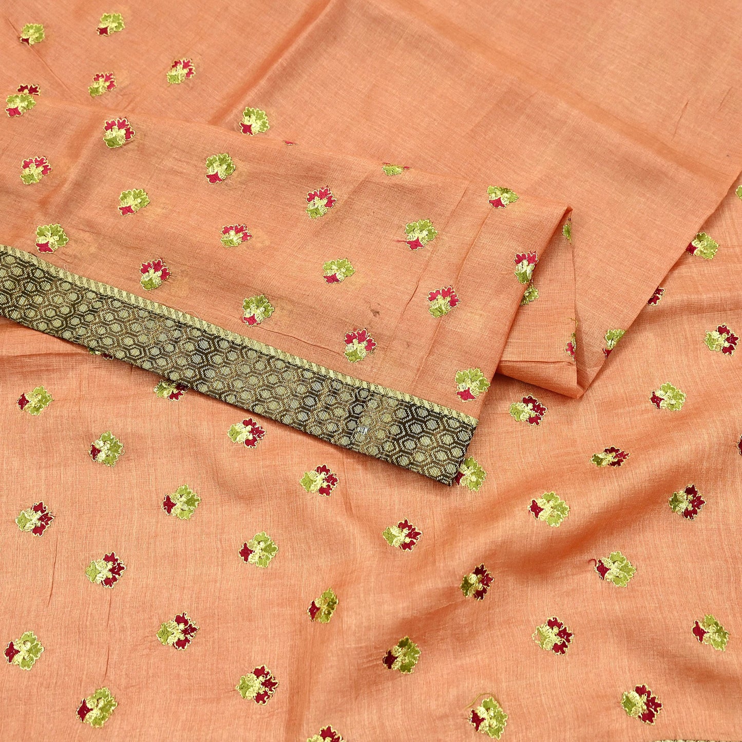 Indian Vintage Peach Sari Pure Tussar Silk Hand Embroidered Sarees Craft Fabric 5Yd Sewing Ethnic Sequins Dress making Crafting Quilting