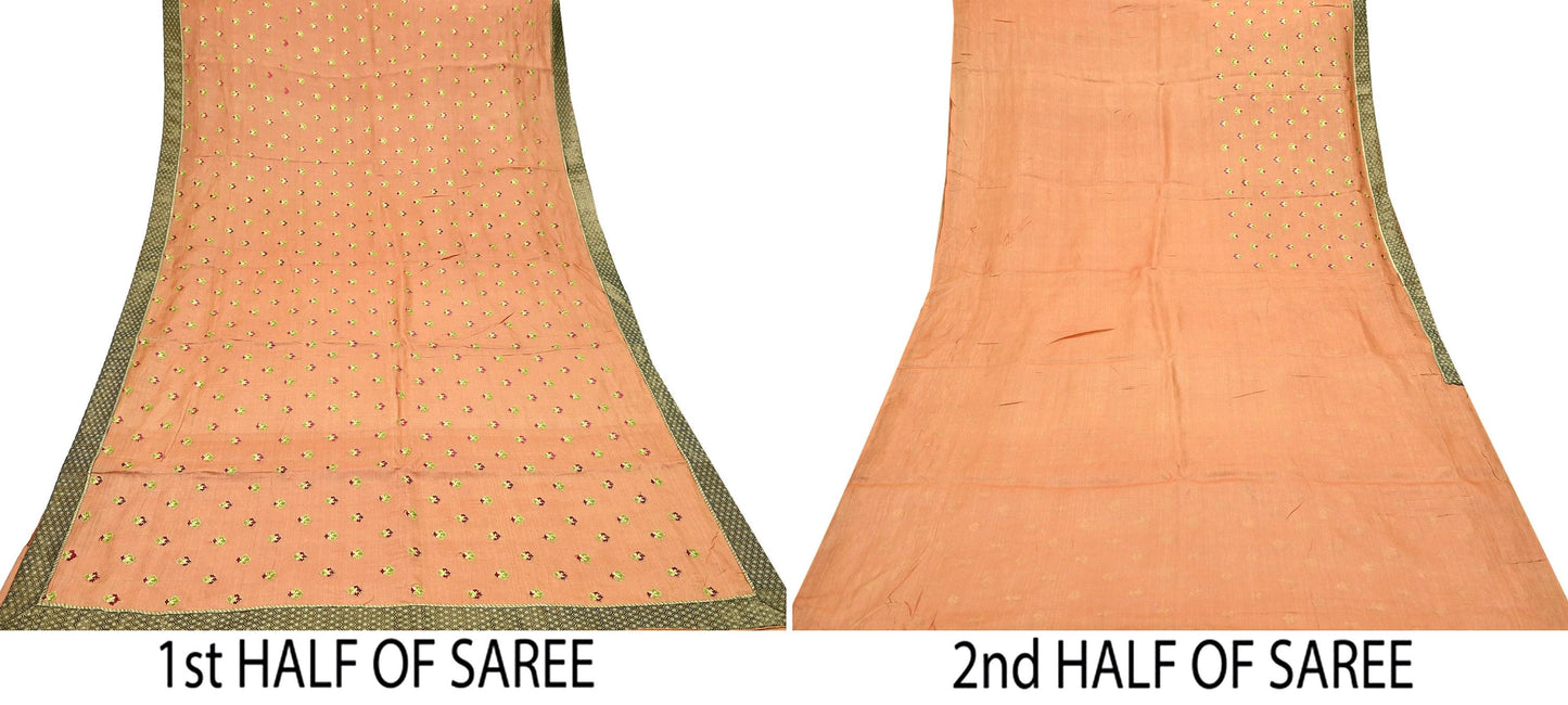 Indian Vintage Peach Sari Pure Tussar Silk Hand Embroidered Sarees Craft Fabric 5Yd Sewing Ethnic Sequins Dress making Crafting Quilting