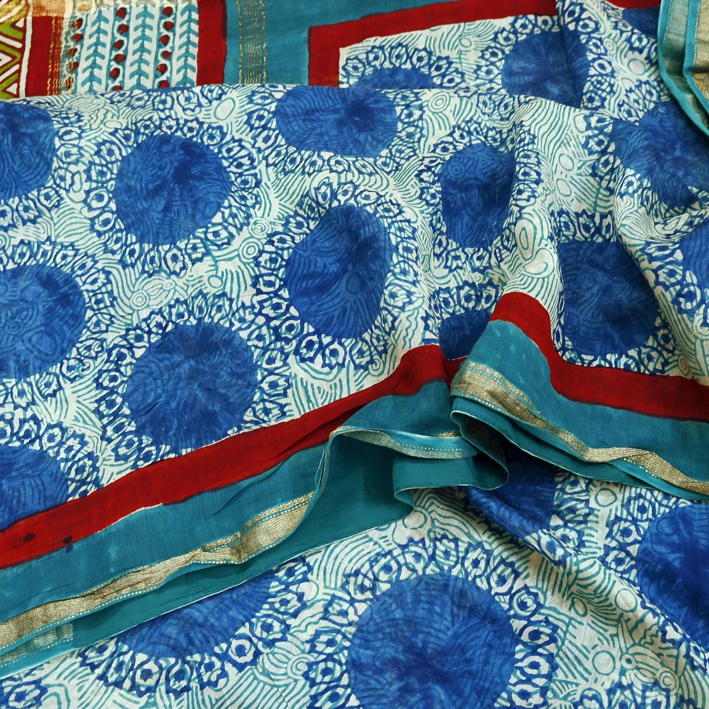 Indian Vintage Sari Blue Pure chanderi Silk Bagru Printed Sarees Craft Fabric 5Yd Floral Soft Zari Border Ethnic Dress making Upcycle