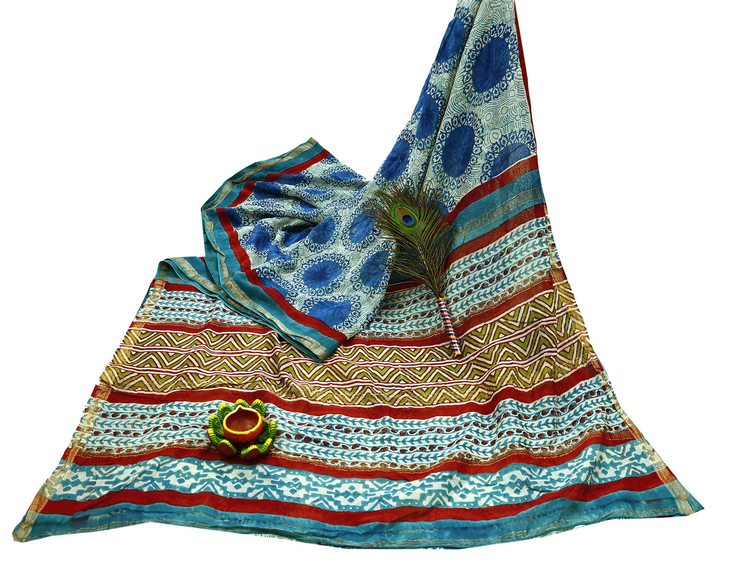 Indian Vintage Sari Blue Pure chanderi Silk Bagru Printed Sarees Craft Fabric 5Yd Floral Soft Zari Border Ethnic Dress making Upcycle