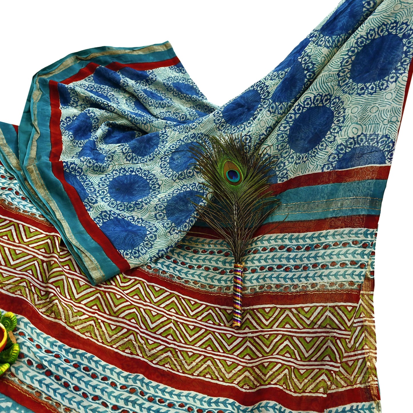 Indian Vintage Sari Blue Pure chanderi Silk Bagru Printed Sarees Craft Fabric 5Yd Floral Soft Zari Border Ethnic Dress making Upcycle
