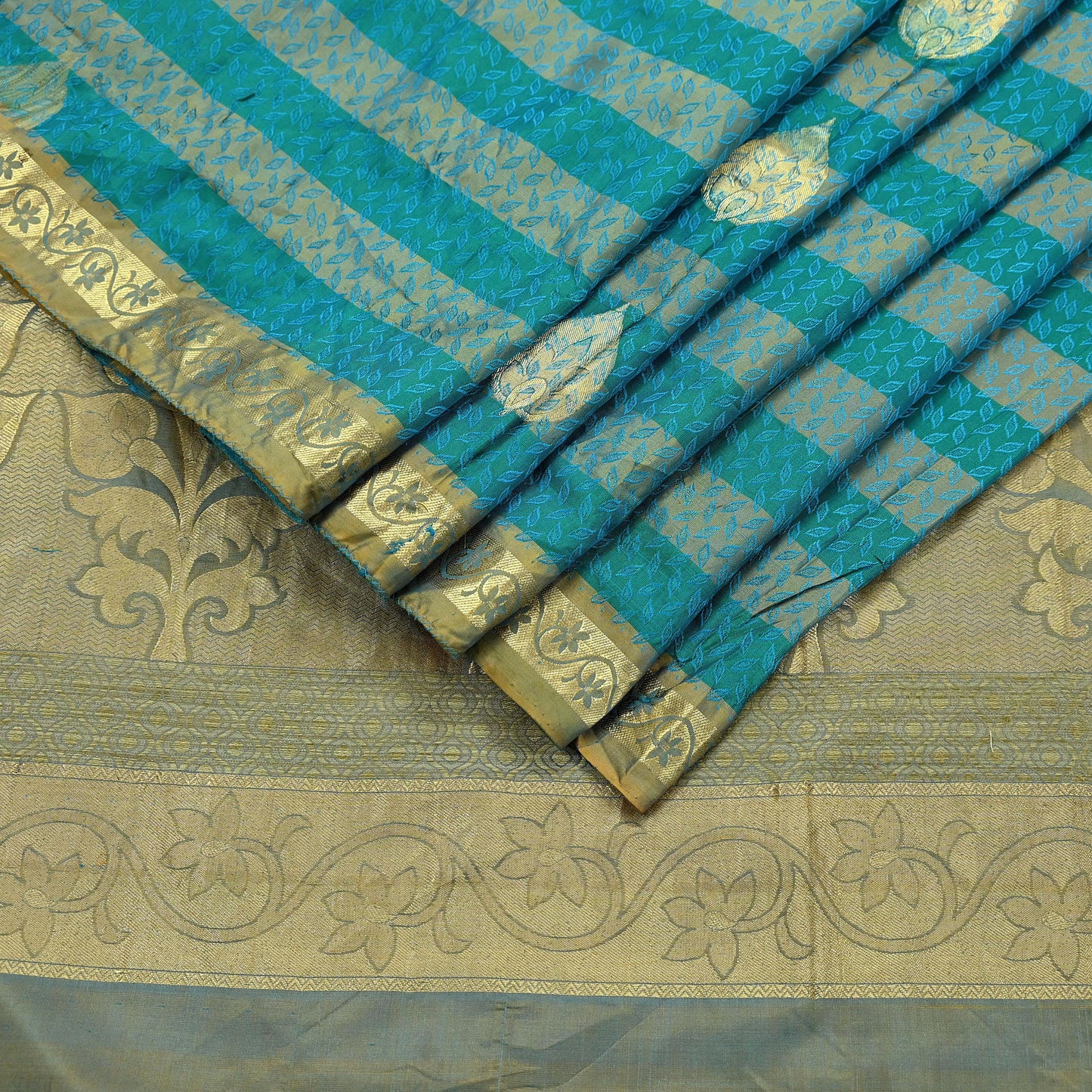 Indian Vintage Heavy Sari Green & Blue Kanjivaram Saree 100% Pure Silk Zari 5Yd Crafting Dress making For Crafting Quilting Upcycle