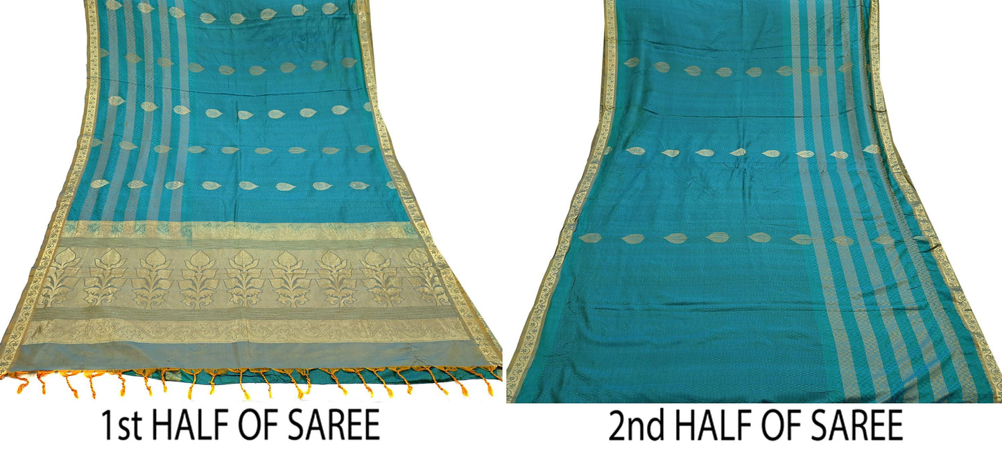 Indian Vintage Heavy Sari Green & Blue Kanjivaram Saree 100% Pure Silk Zari 5Yd Crafting Dress making For Crafting Quilting Upcycle