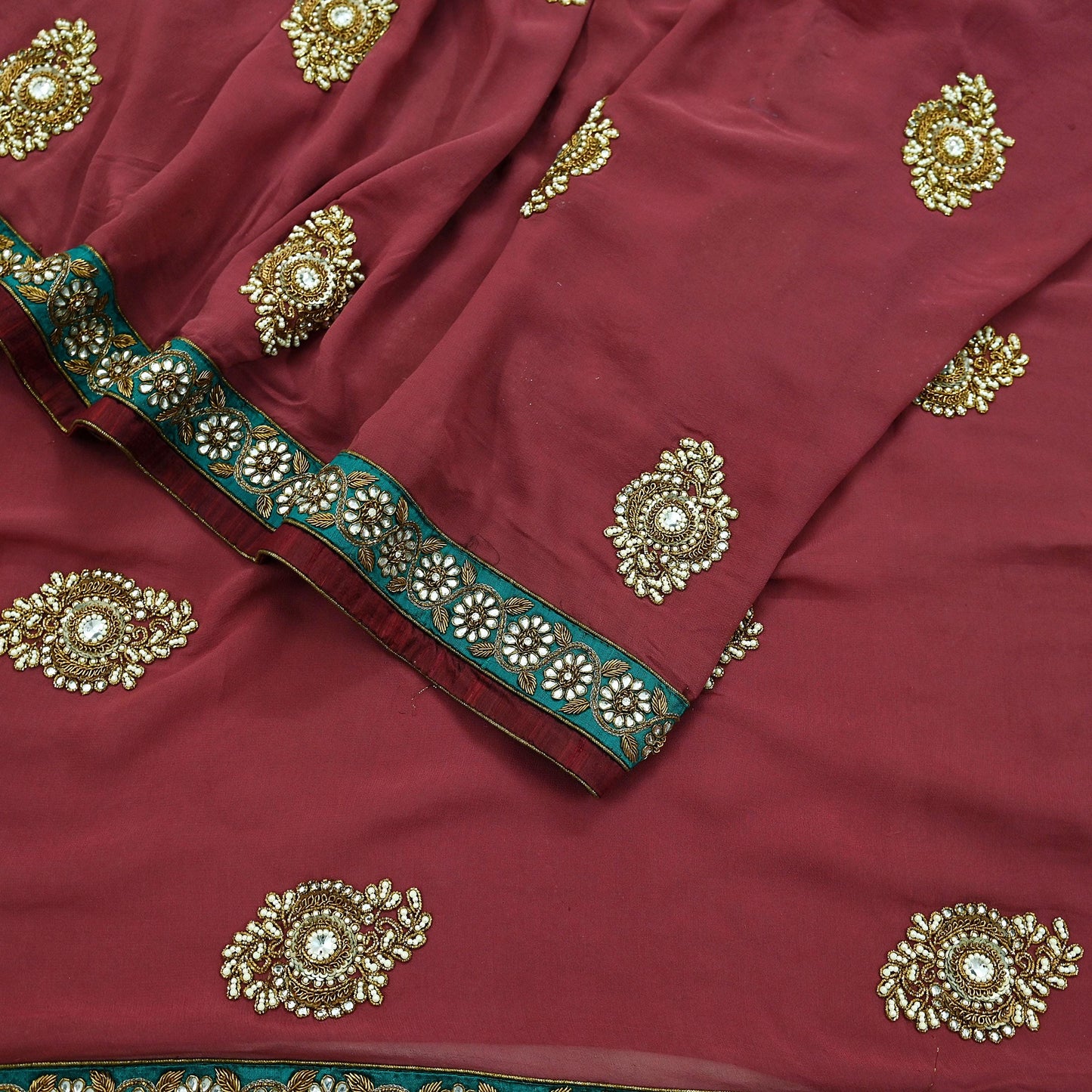 Indian Vintage Heavy Sarees Pink Pure Georgette Silk Hand Embroidered Sari Fabric 6Yd Sewing Ethnic Zardozi/dabka zari With Blouse Pcs