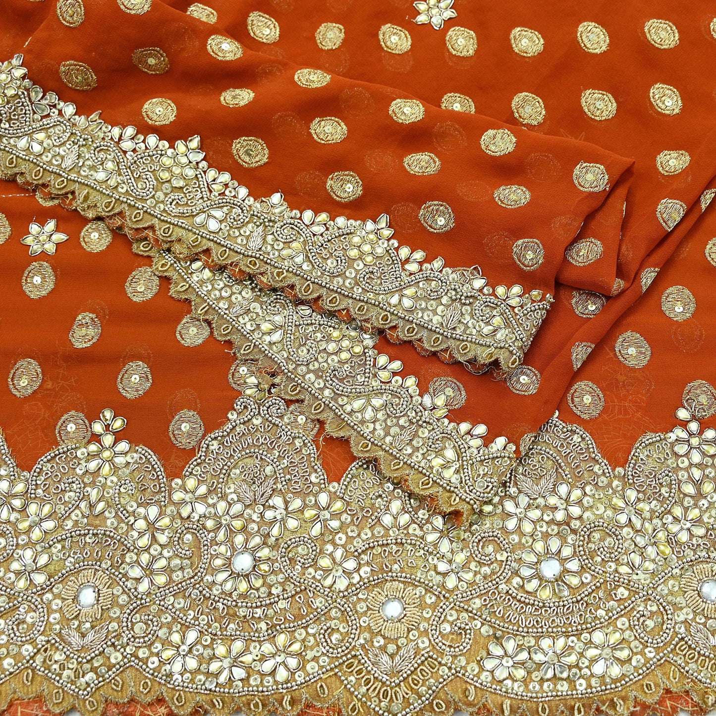 Indian Vintage Heavy Orange Dupatta Pure Georgette Silk Long Stole Hand Embroidered Scarf Zari Zardozi Bridal/ Wedding Veil Hijab