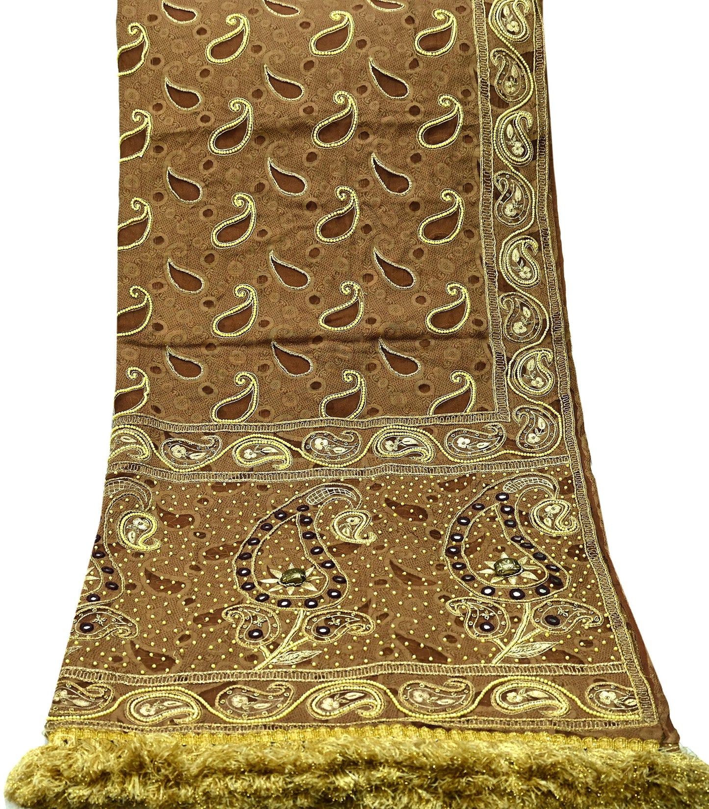 Indian Vintage Heavy Wedding Brown Dupatta Pure Organza Silk Long Stole Hand Embroidered Scarves Zardozi Zari Bridal Veil Wrap Hijab