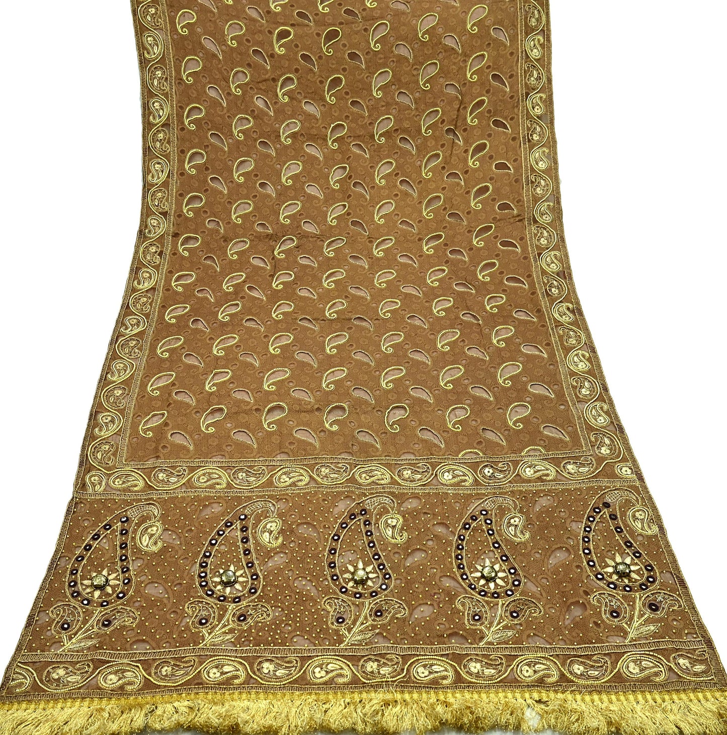 Indian Vintage Heavy Wedding Brown Dupatta Pure Organza Silk Long Stole Hand Embroidered Scarves Zardozi Zari Bridal Veil Wrap Hijab