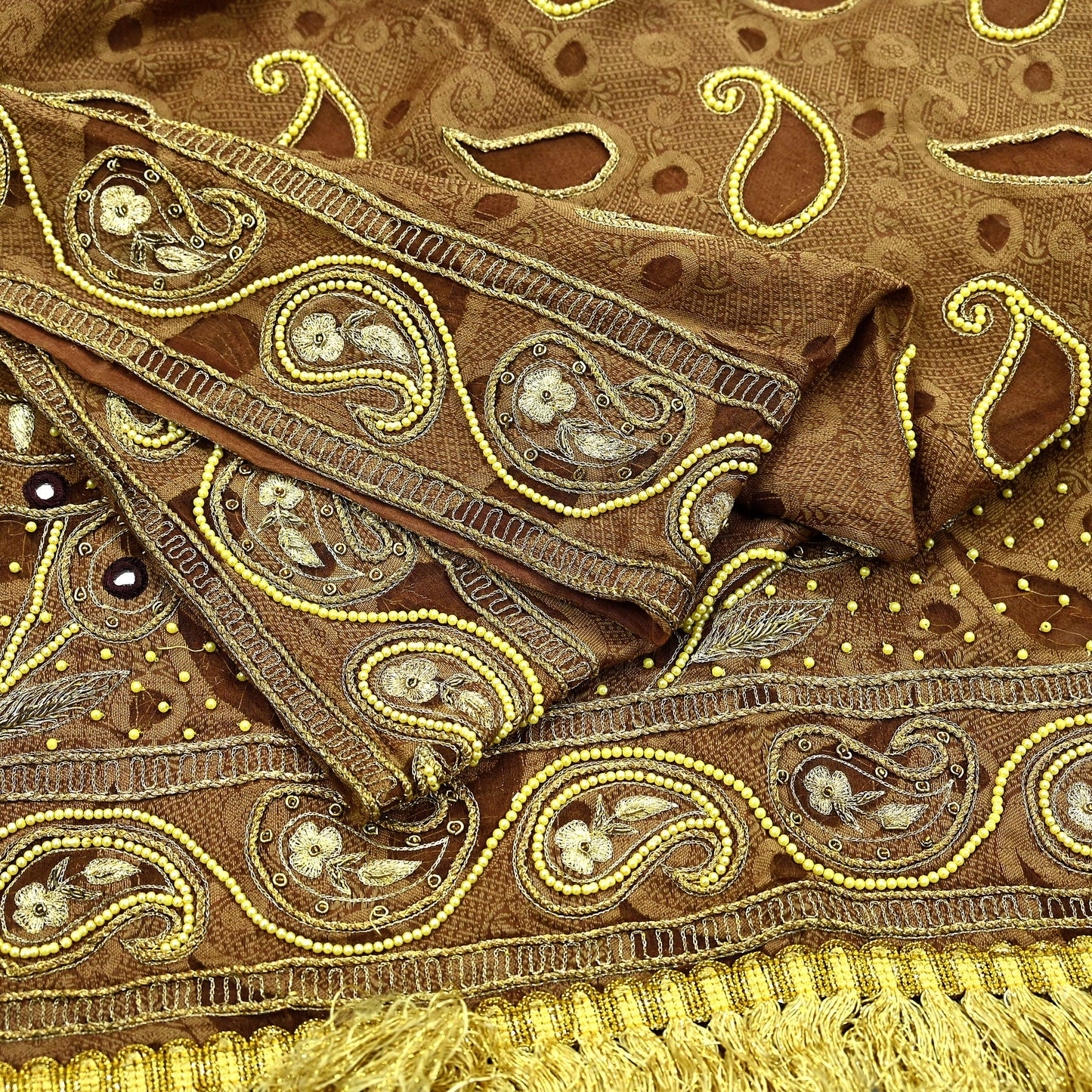 Indian Vintage Heavy Wedding Brown Dupatta Pure Organza Silk Long Stole Hand Embroidered Scarves Zardozi Zari Bridal Veil Wrap Hijab