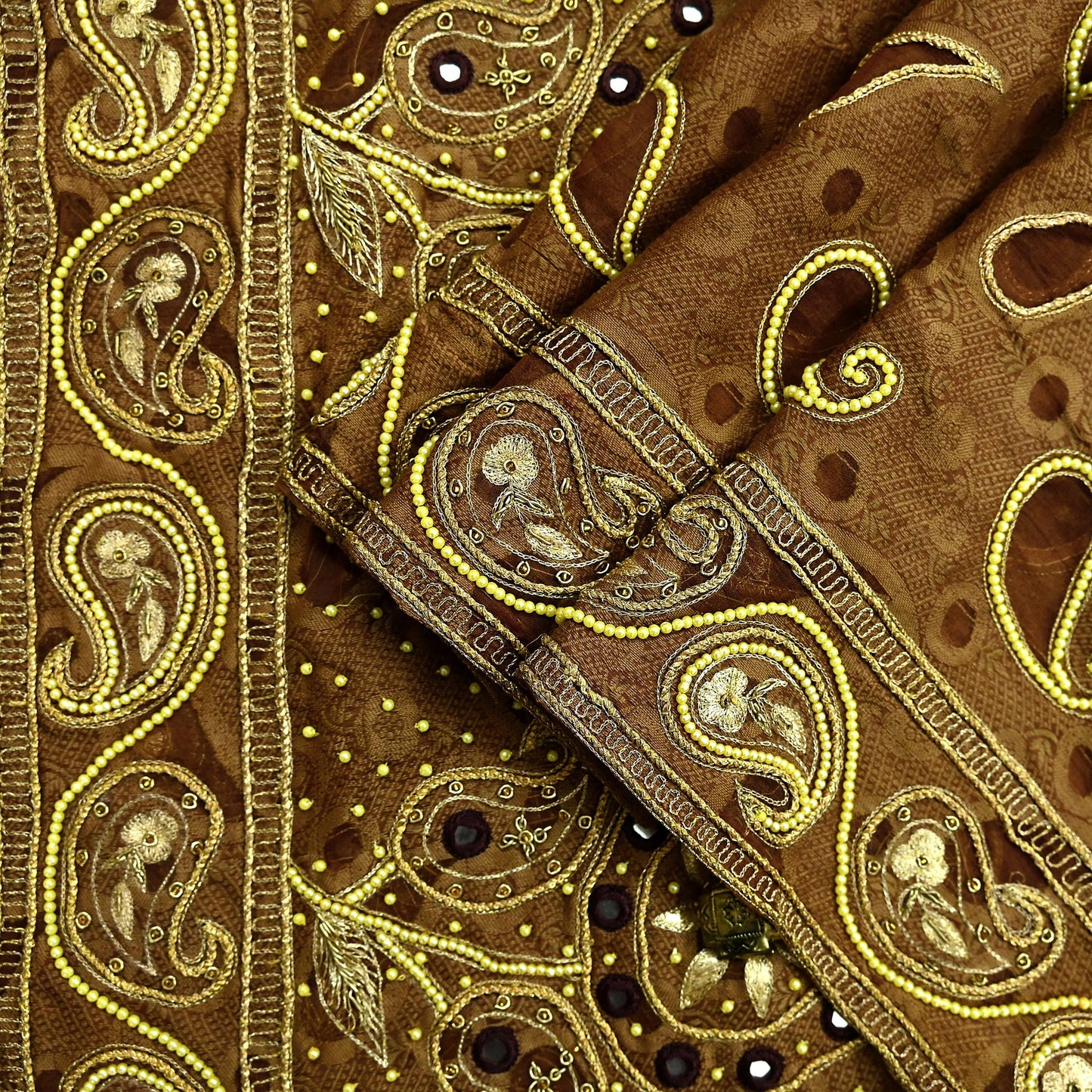 Indian Vintage Heavy Wedding Brown Dupatta Pure Organza Silk Long Stole Hand Embroidered Scarves Zardozi Zari Bridal Veil Wrap Hijab