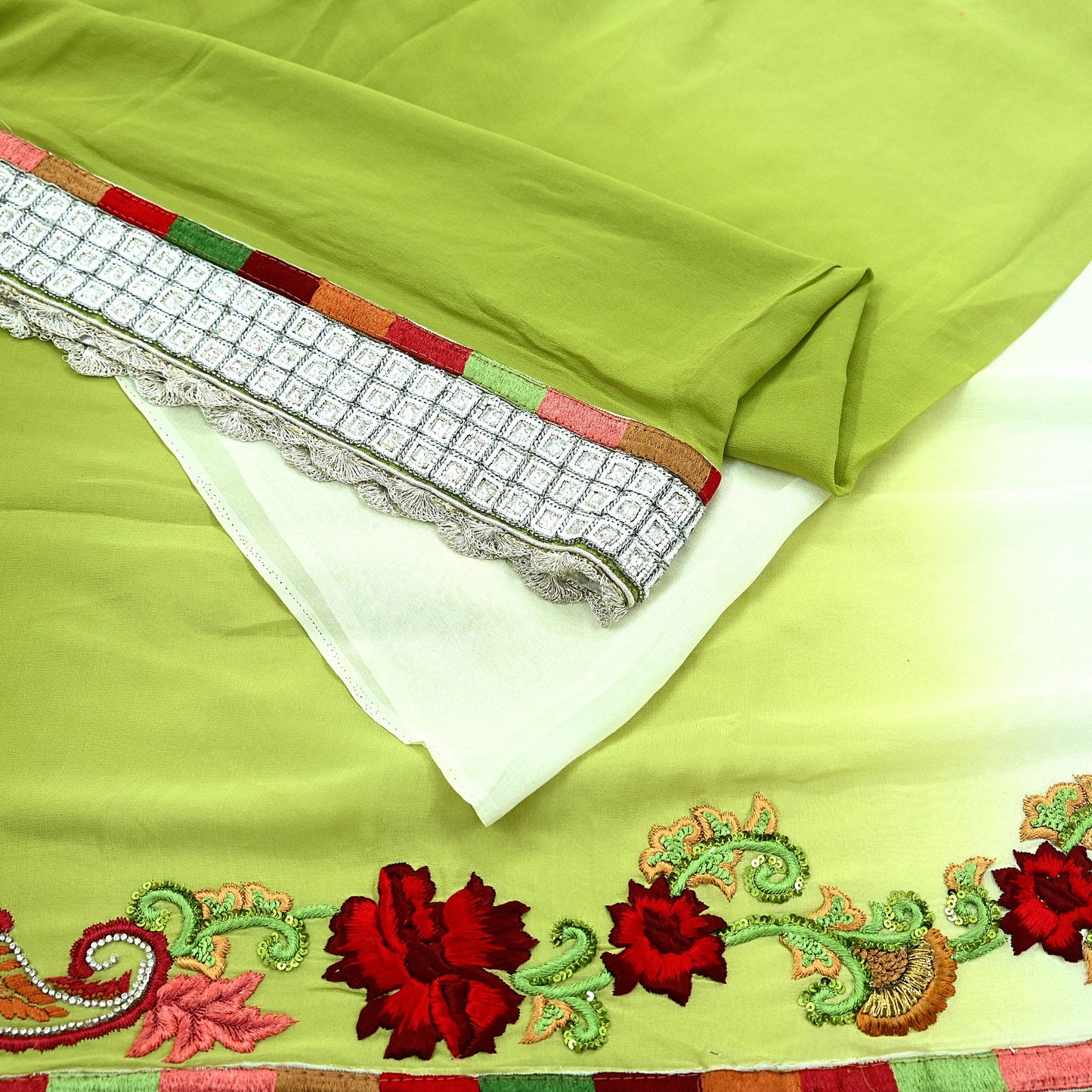 Indian Vintage Heavy Sarees Green & White Pure Georgette Silk Hand Embroidered Sari Fabric 5Yd Sewing Ethnic Sequins Wedding sarees