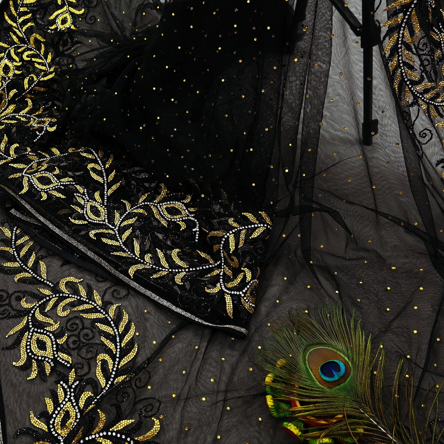 Indian Heavy Sari Black Net/Mesh Hand Embroidered Sarees Craft Fabric 6Yd Sewing Soft Zardozi Wedding sarees With Blouse fabric