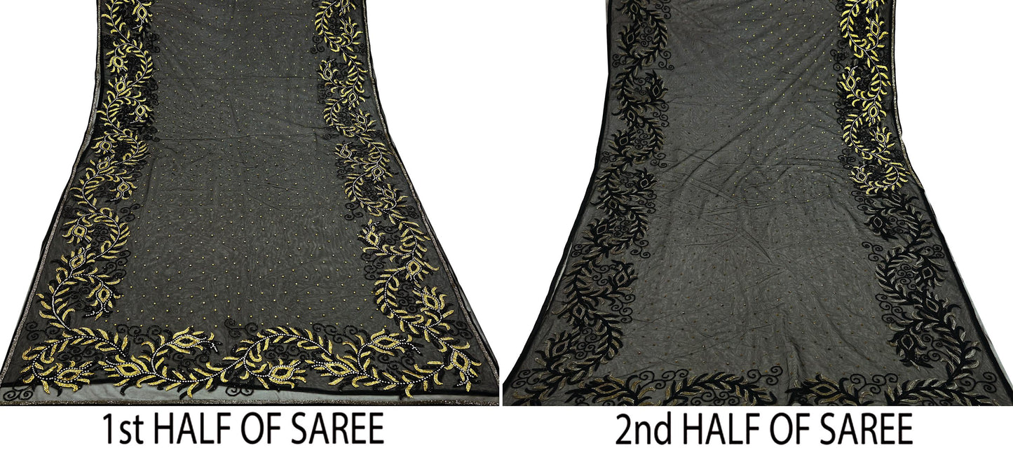 Indian Heavy Sari Black Net/Mesh Hand Embroidered Sarees Craft Fabric 6Yd Sewing Soft Zardozi Wedding sarees With Blouse fabric