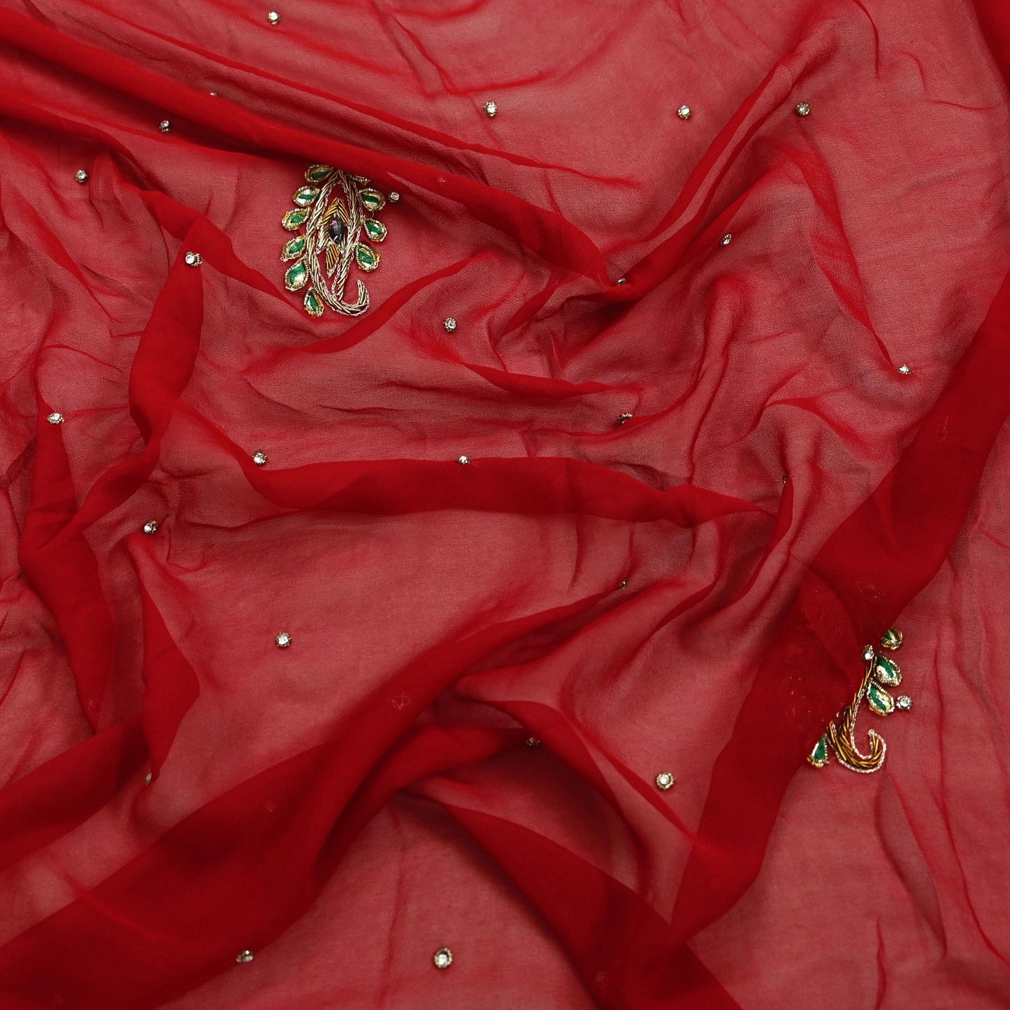 Indian Vintage Dupatta Red Long Stole Pure Georgette Silk Hand Embroidered Scarves Veil Hijab Floral Zari Dabka Zardozi
