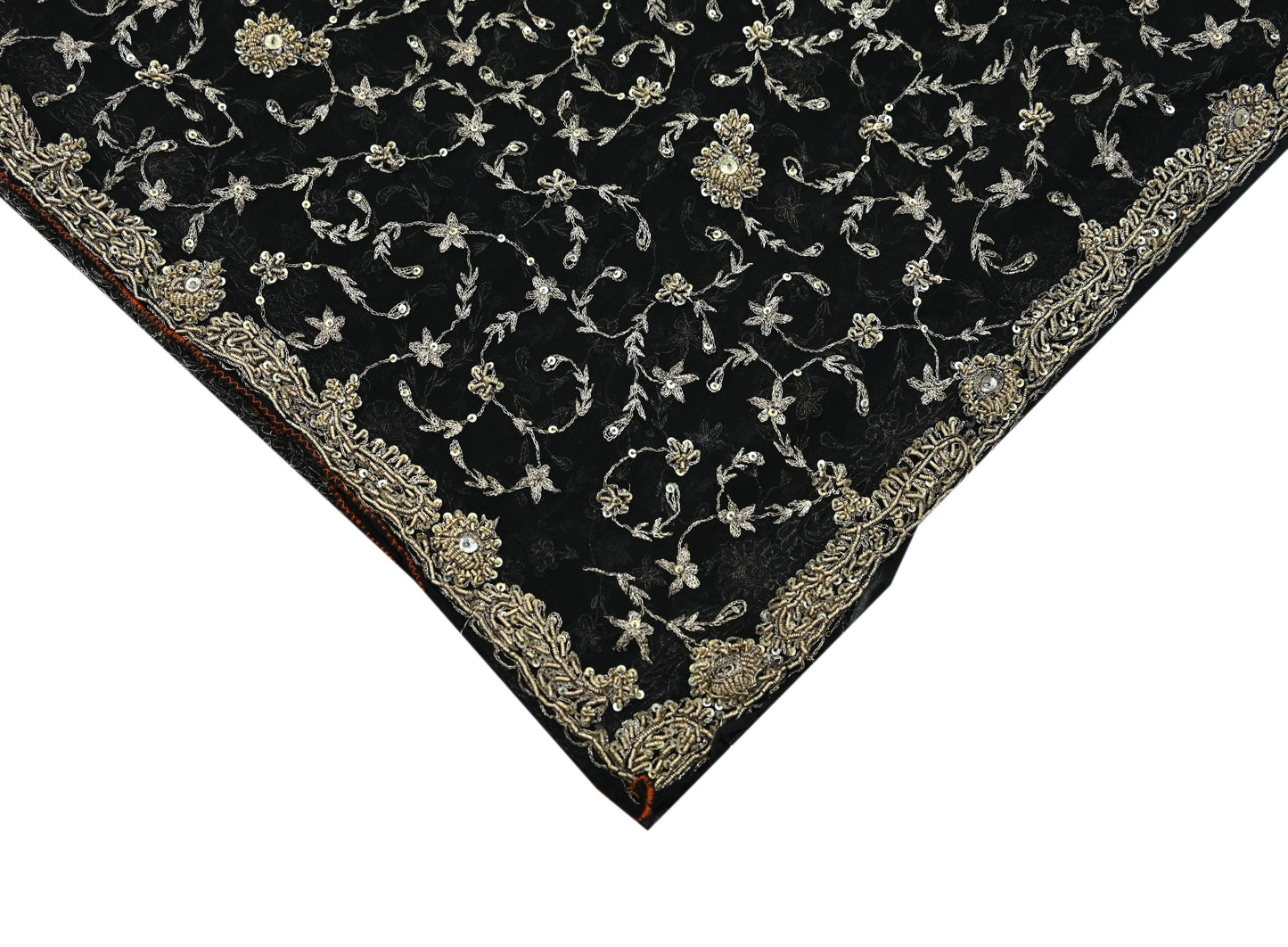 Indian Vintage Black Dupatta Pure Chiffon silk Long Stole Hand Embroidered Scarves Floral Design Stole Veil Wrap Zari Zardozi
