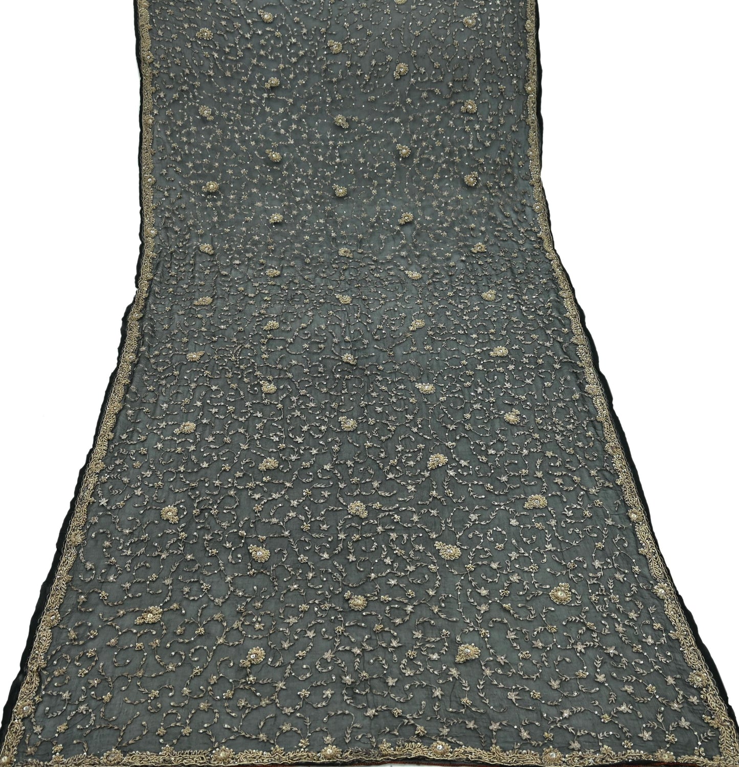 Indian Vintage Black Dupatta Pure Chiffon silk Long Stole Hand Embroidered Scarves Floral Design Stole Veil Wrap Zari Zardozi