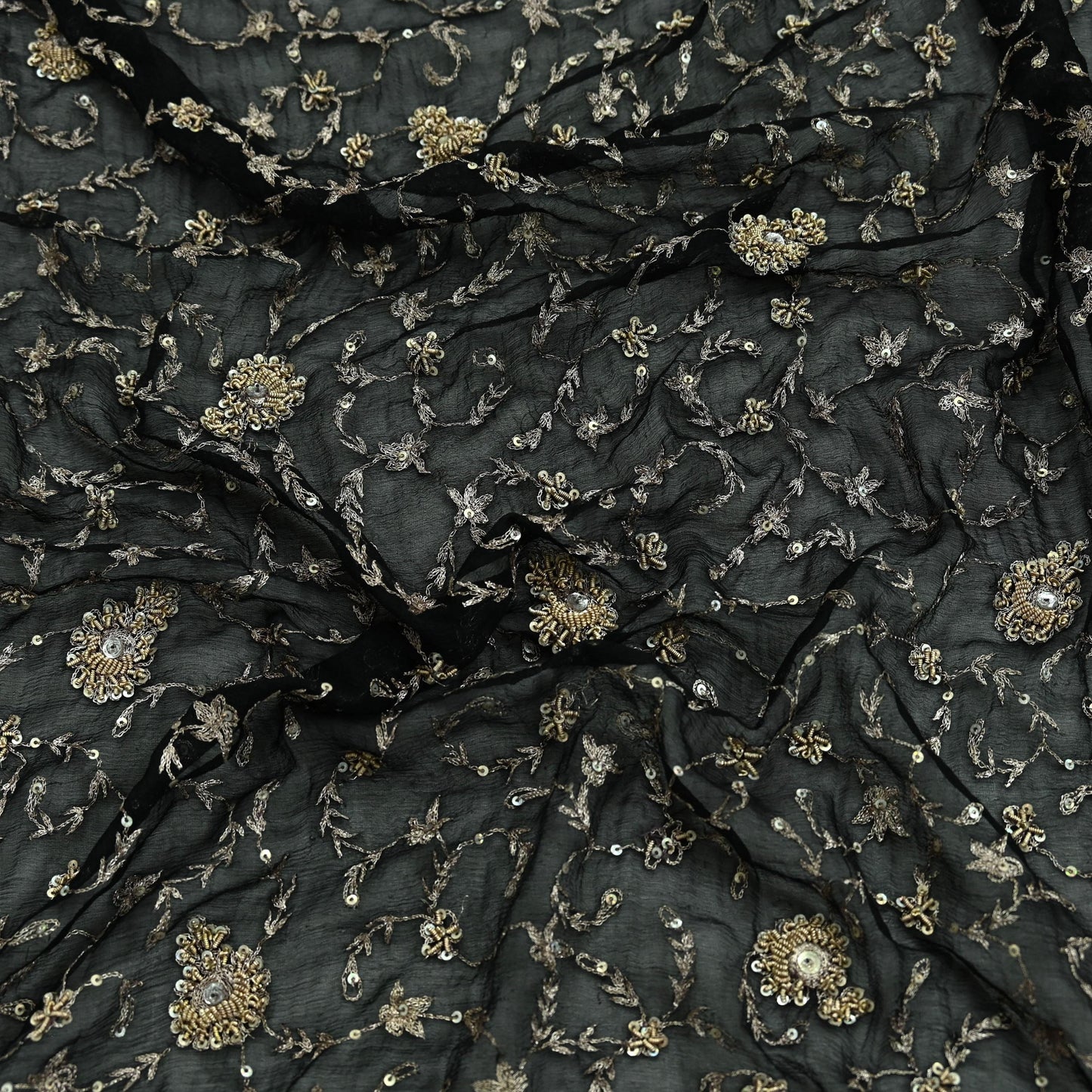 Indian Vintage Black Dupatta Pure Chiffon silk Long Stole Hand Embroidered Scarves Floral Design Stole Veil Wrap Zari Zardozi