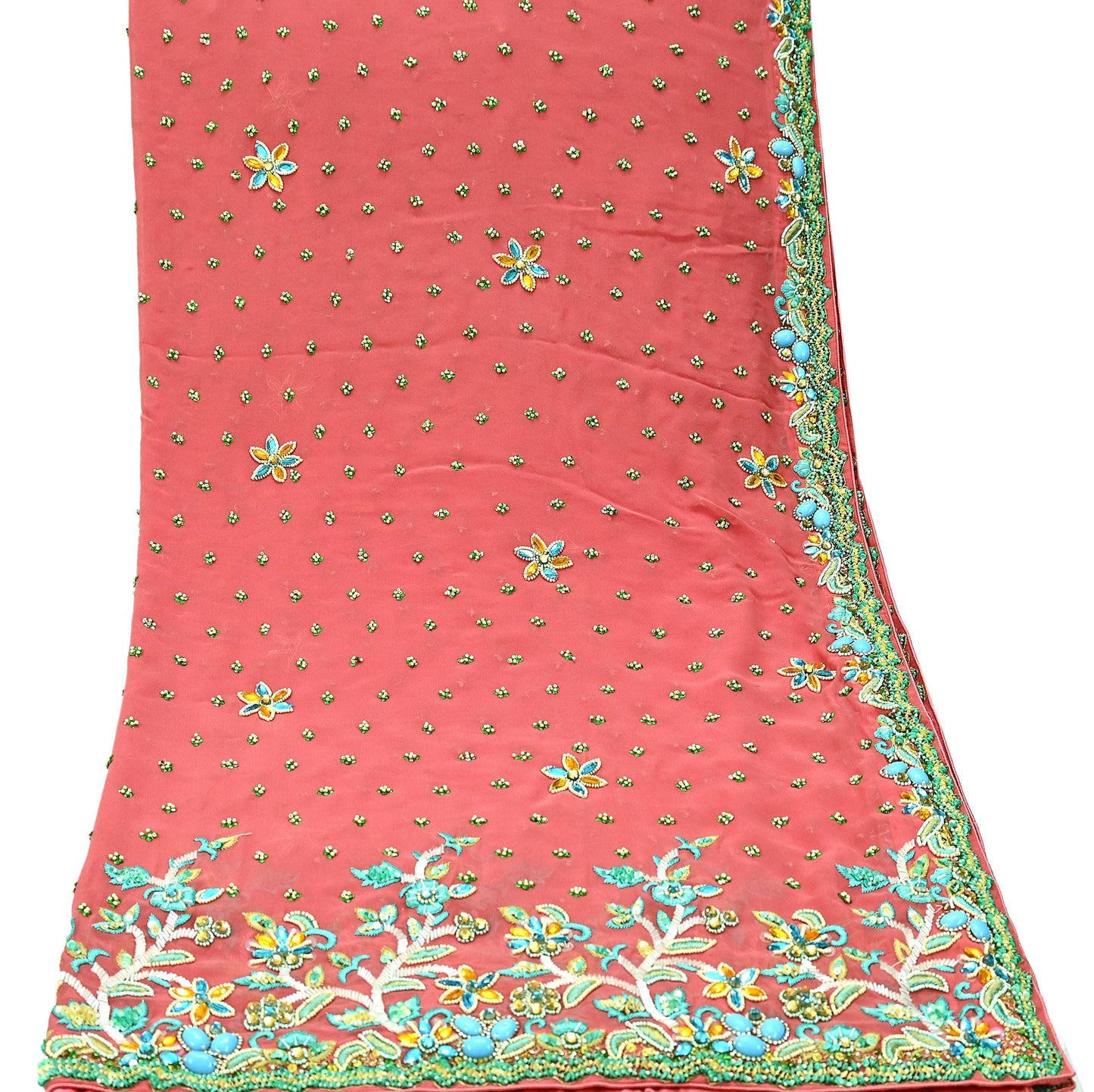 Indian Vintage Heavy Bridal Peach Dupatta Pure Georgette Silk Long Stole Hand Embroidered Scarf Zardozi/Dabka Wedding red Hijab veil Boho