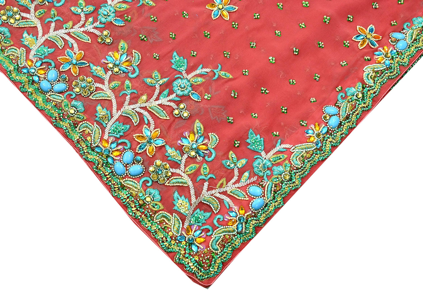 Indian Vintage Heavy Bridal Peach Dupatta Pure Georgette Silk Long Stole Hand Embroidered Scarf Zardozi/Dabka Wedding red Hijab veil Boho