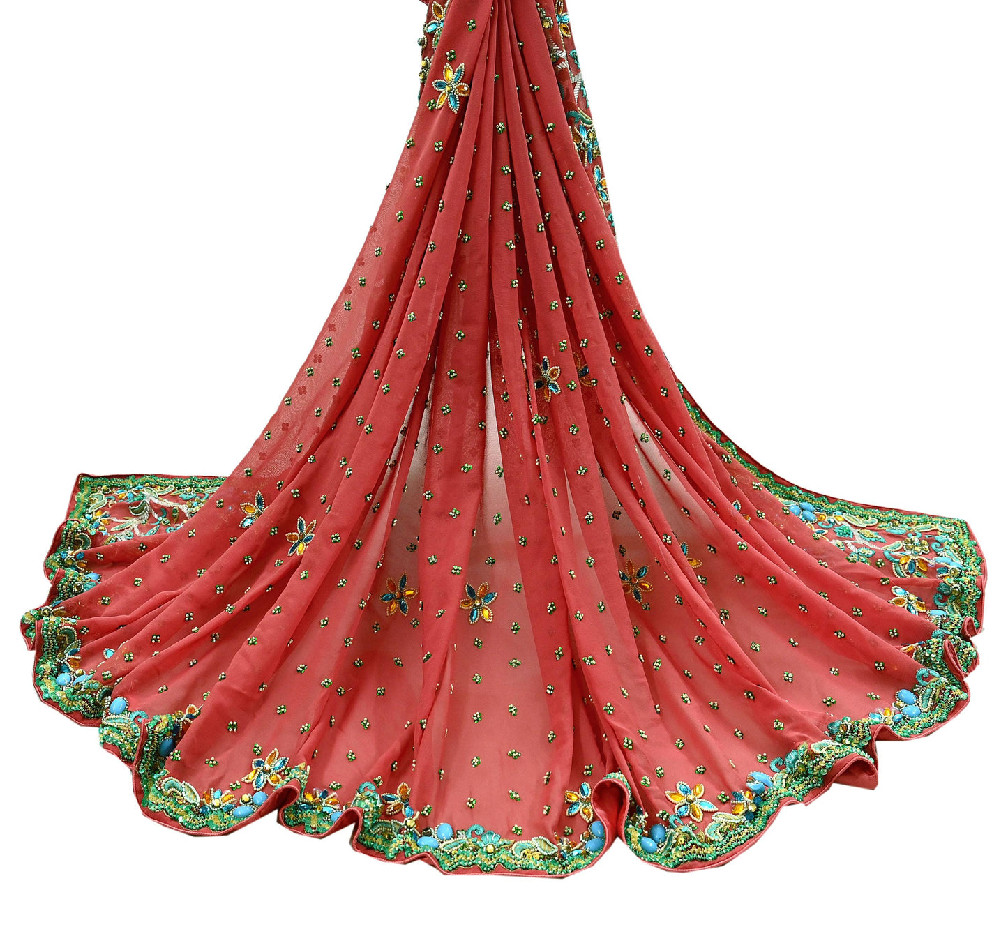 Indian Vintage Heavy Bridal Peach Dupatta Pure Georgette Silk Long Stole Hand Embroidered Scarf Zardozi/Dabka Wedding red Hijab veil Boho