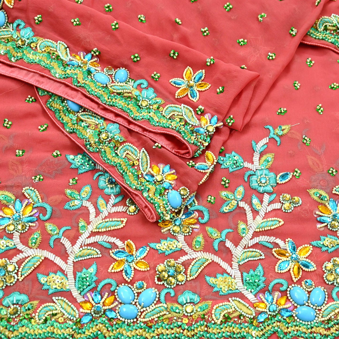 Indian Vintage Heavy Bridal Peach Dupatta Pure Georgette Silk Long Stole Hand Embroidered Scarf Zardozi/Dabka Wedding red Hijab veil Boho