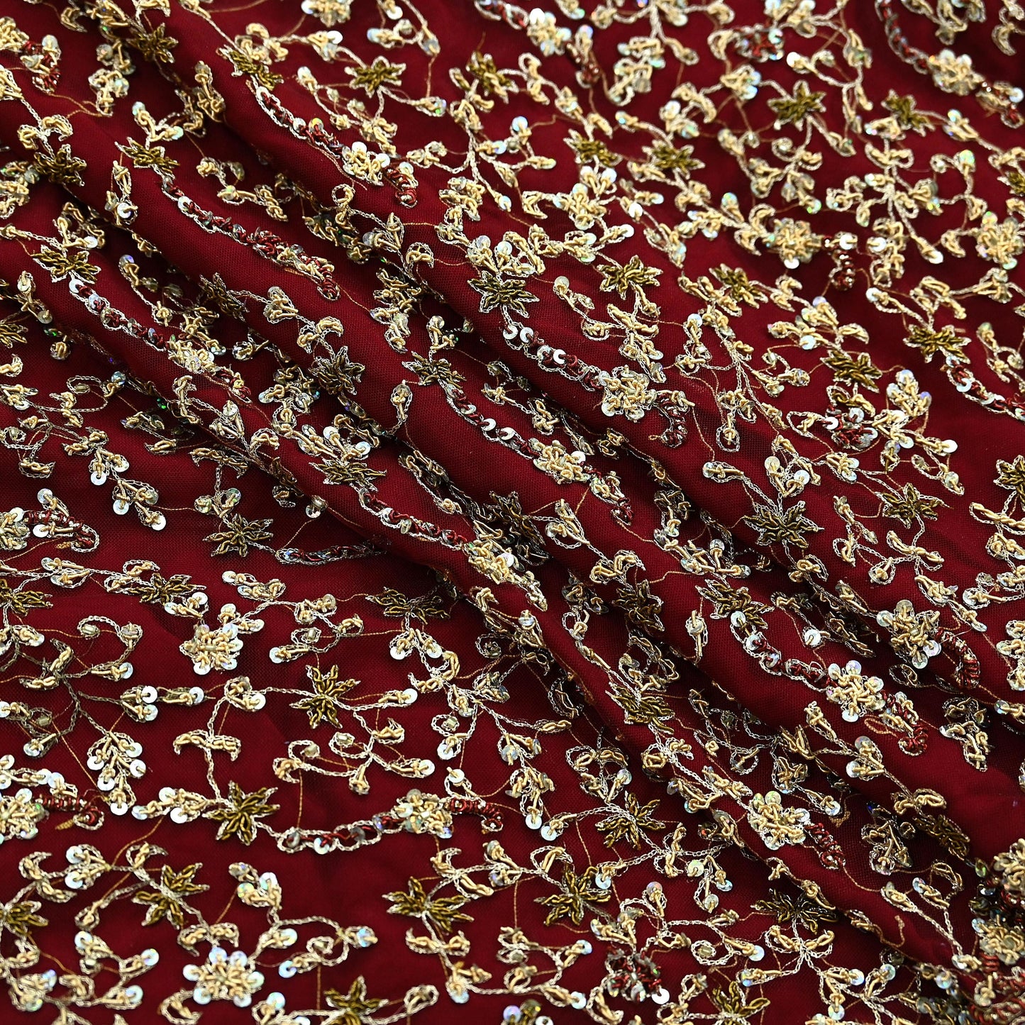 Indian Vintage Heavy Wedding Maroon Dupatta Net Mesh Long Stole Hand Embroidered Scarves Golden Zardozi Zari Sequins Dridal Veil Hijab