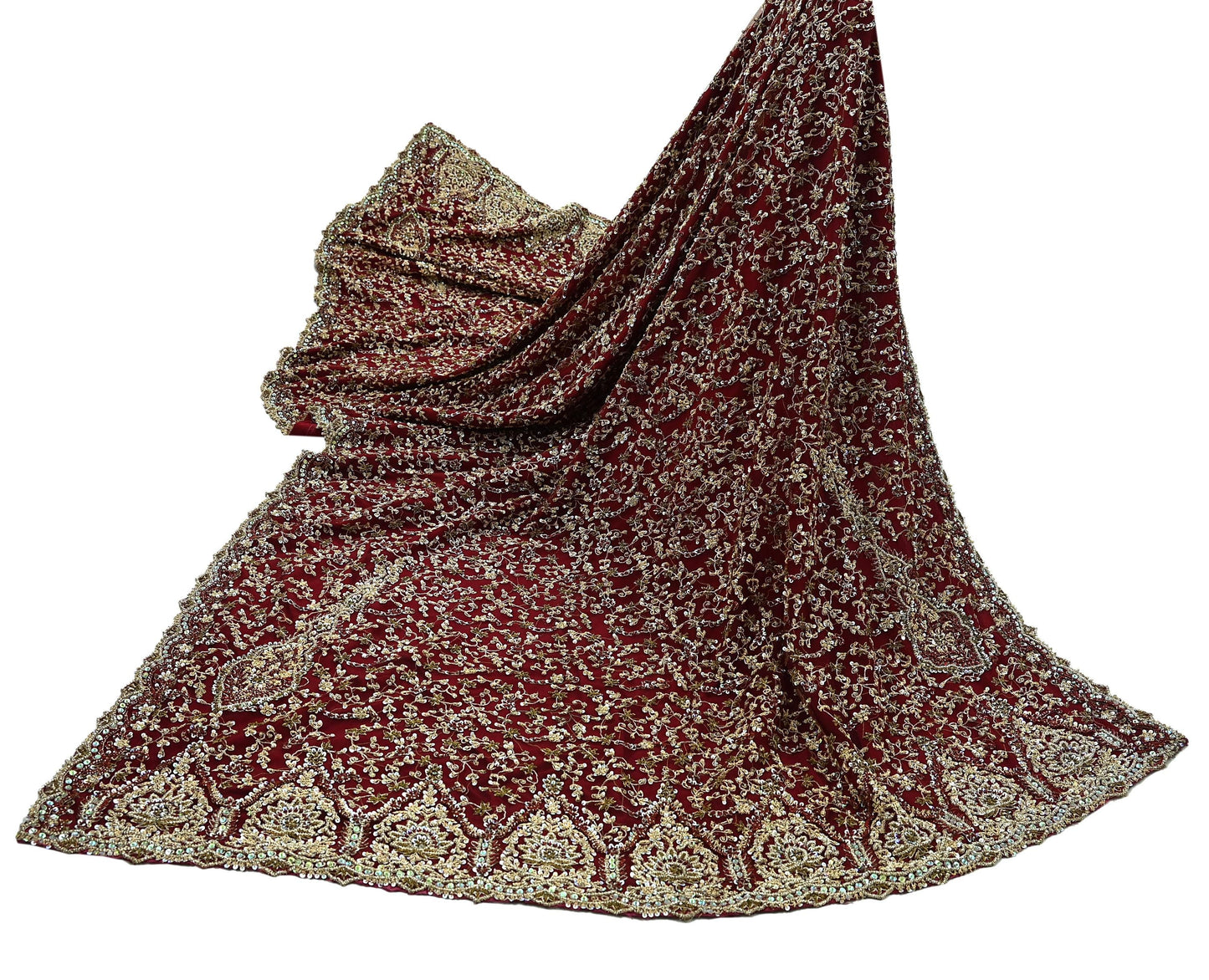 Indian Vintage Heavy Wedding Maroon Dupatta Net Mesh Long Stole Hand Embroidered Scarves Golden Zardozi Zari Sequins Dridal Veil Hijab
