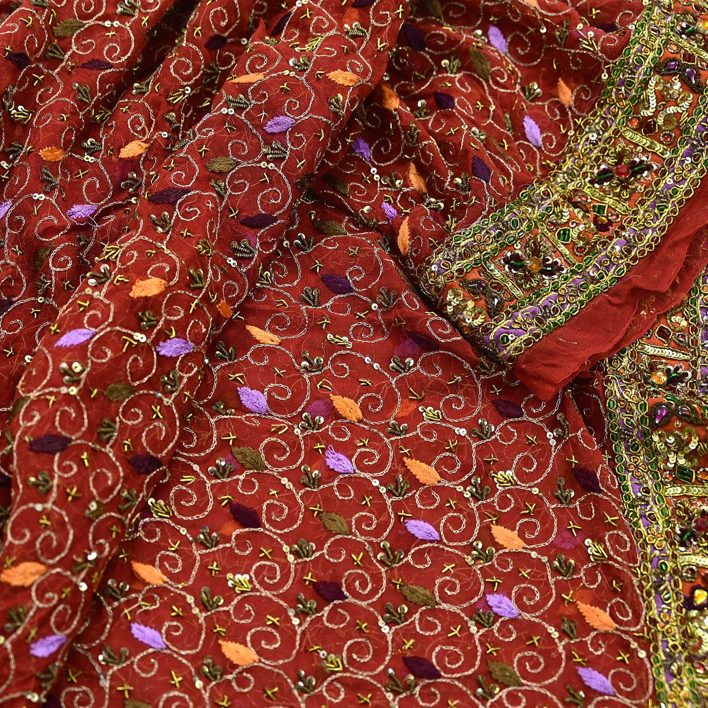 Indian Vintage Heavy Bridal Orange Dupatta Pure Georgette Silk Long Stole Hand Embroidered Scarf Zardozi/Dabka Wedding red Hijab veil Boho