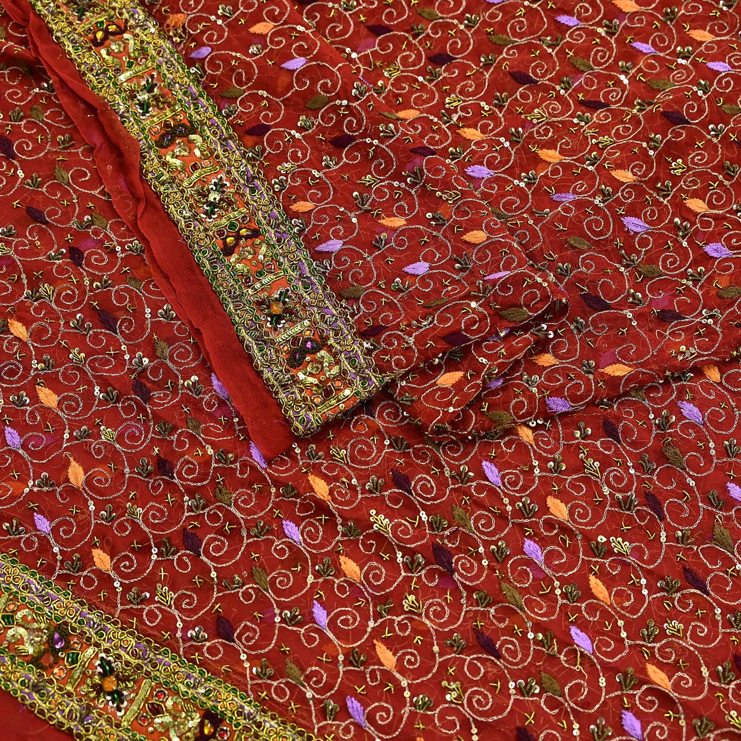 Indian Vintage Heavy Bridal Orange Dupatta Pure Georgette Silk Long Stole Hand Embroidered Scarf Zardozi/Dabka Wedding red Hijab veil Boho