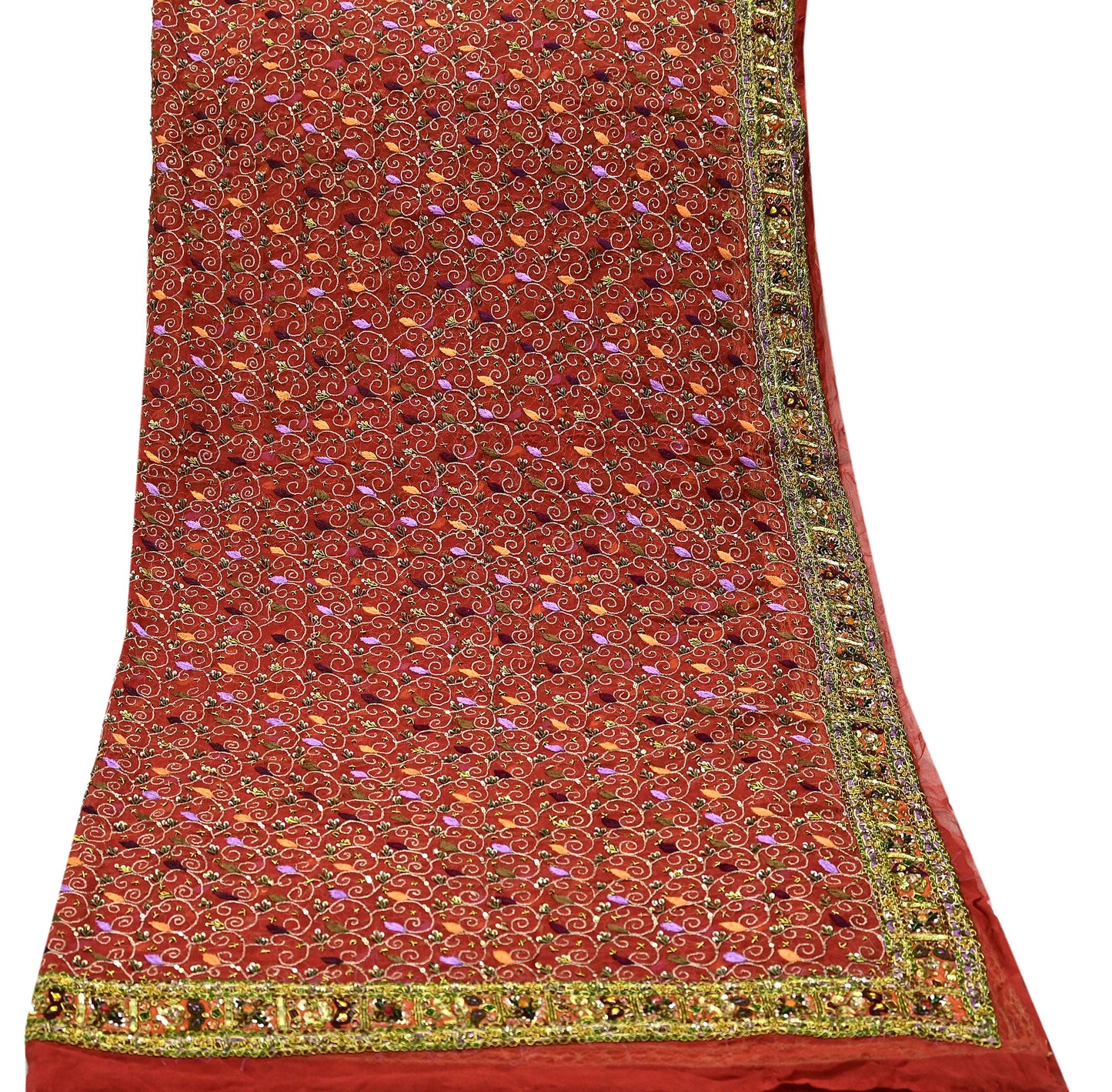 Indian Vintage Heavy Bridal Orange Dupatta Pure Georgette Silk Long Stole Hand Embroidered Scarf Zardozi/Dabka Wedding red Hijab veil Boho