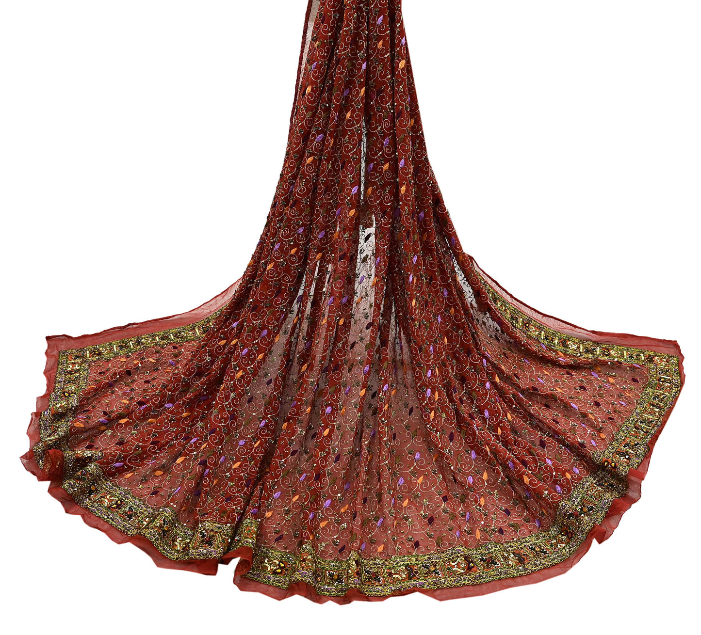 Indian Vintage Heavy Bridal Orange Dupatta Pure Georgette Silk Long Stole Hand Embroidered Scarf Zardozi/Dabka Wedding red Hijab veil Boho