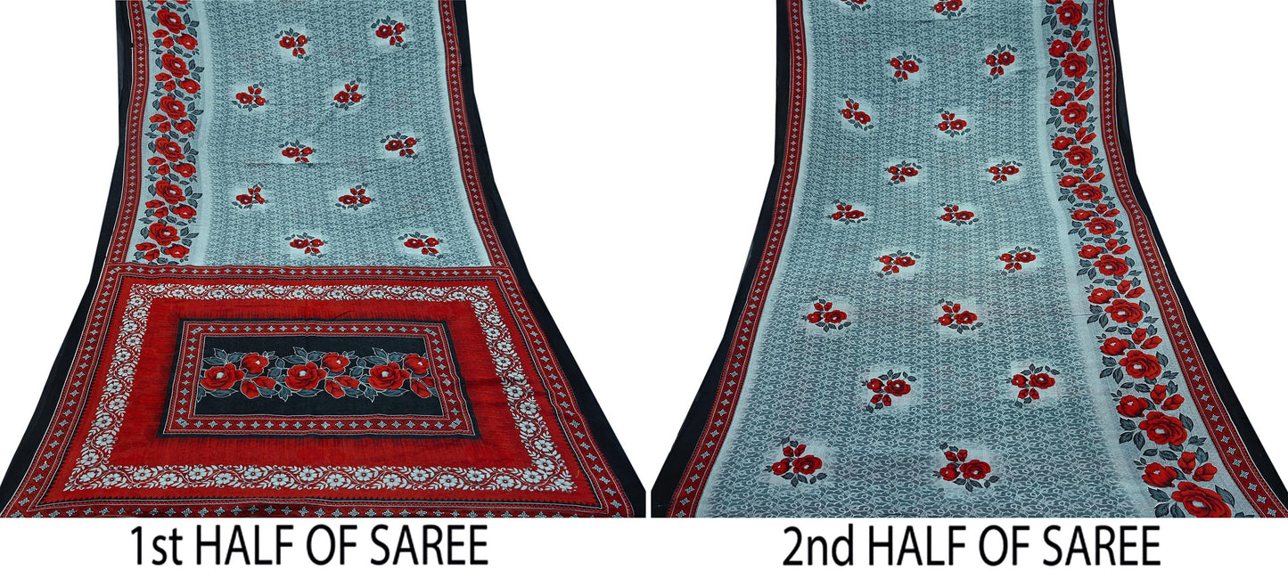 Indian Vintage Sari Red & Gray Printed Pure Cotton Sarees Craft Fabric Soft 5Yd Sewing Sarong Wrap Boho Quilting Crafting Dress making