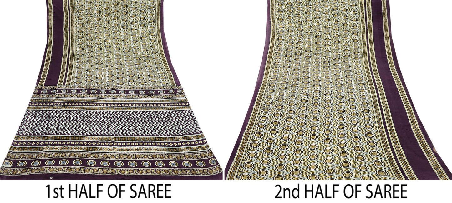 Indian Vintage Sari Purple & Ivory Pure Cotton Printed Saree 5Yd Craft Fabric Sewing Sarong Wrap Boho Floral Quilting crafting dressmaking
