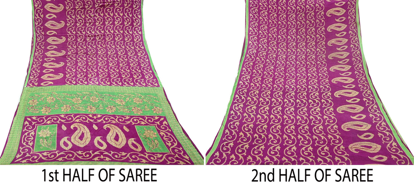 Indian Vintage Sari Beige & Purple Pure Cotton Printed Sarees Craft Fabric Soft 5Yd Sarong Wrap Boho Fabric Kimono Quilting Crafting Upcycle