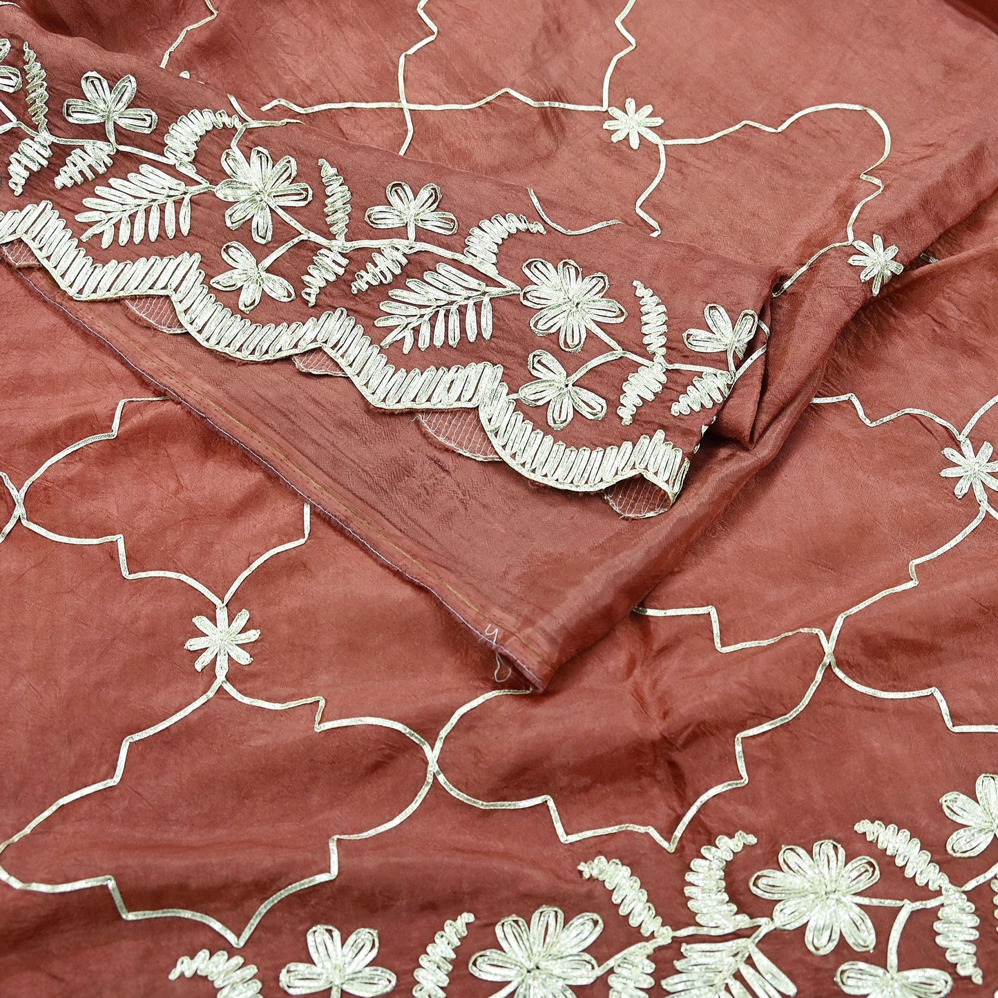 Indian Vintage Heavy Sarees Brown Blend Silk Hand Embroidered Sari Craft Fabric 5Yd Sewing Gota Patti Dress making With Blouse Fabric