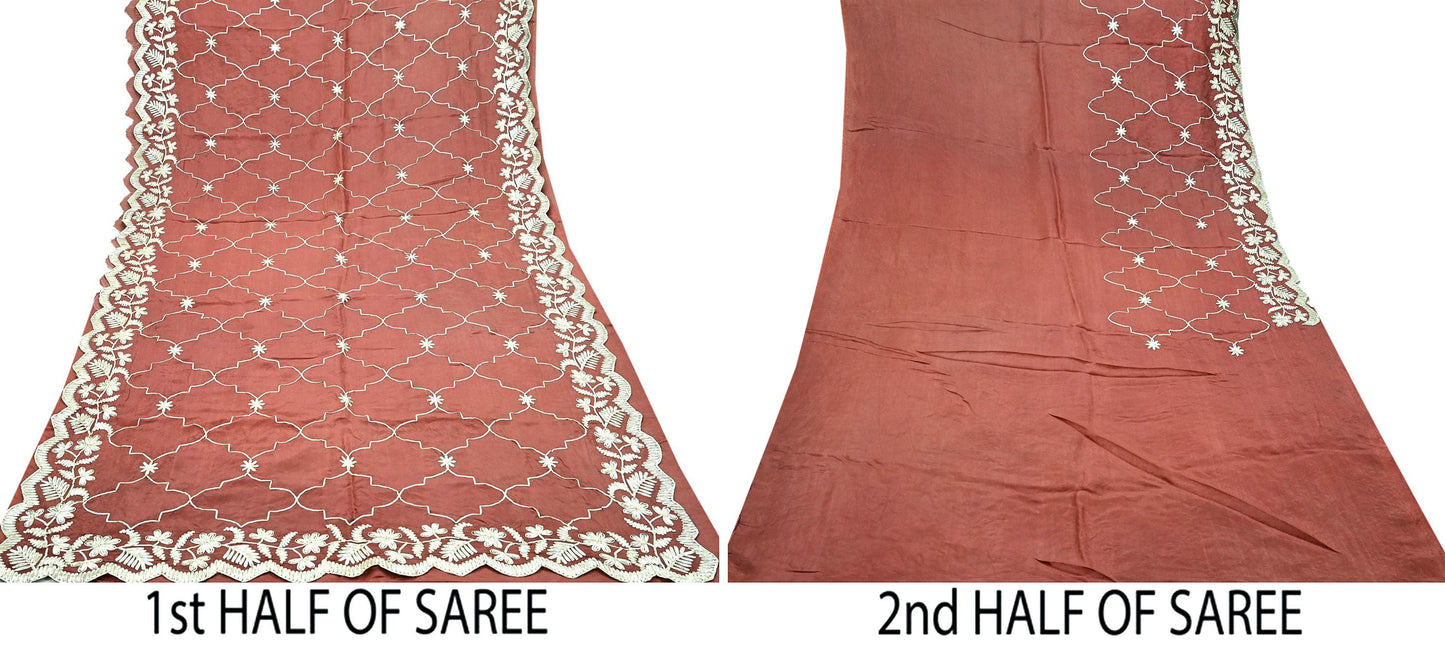 Indian Vintage Heavy Sarees Brown Blend Silk Hand Embroidered Sari Craft Fabric 5Yd Sewing Gota Patti Dress making With Blouse Fabric
