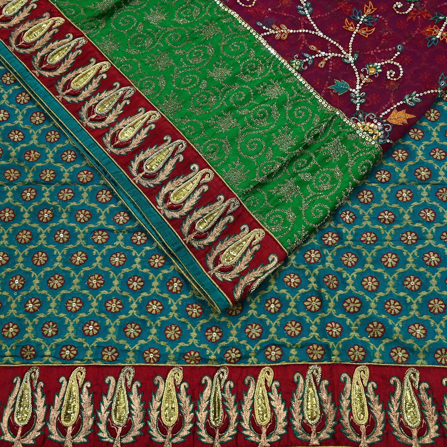 Indian Vintage Heavy Sari Red & Green Net/Georgette Silk Hand Embroidered Sarees Craft Fabric 5Yd Sewing Soft Zardozi With Blouse fabric