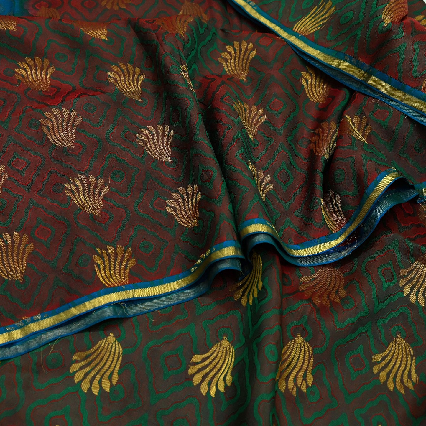 Indian Vintage Heavy Sari Green & Blue Kanjivaram Saree 100% Pure Silk Zari 5Yd Crafting Dress making For Crafting Quilting Upcycle