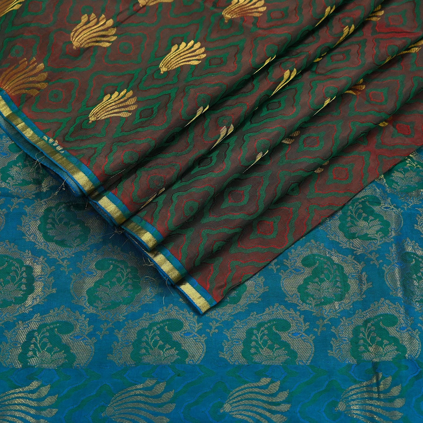 Indian Vintage Heavy Sari Green & Blue Kanjivaram Saree 100% Pure Silk Zari 5Yd Crafting Dress making For Crafting Quilting Upcycle