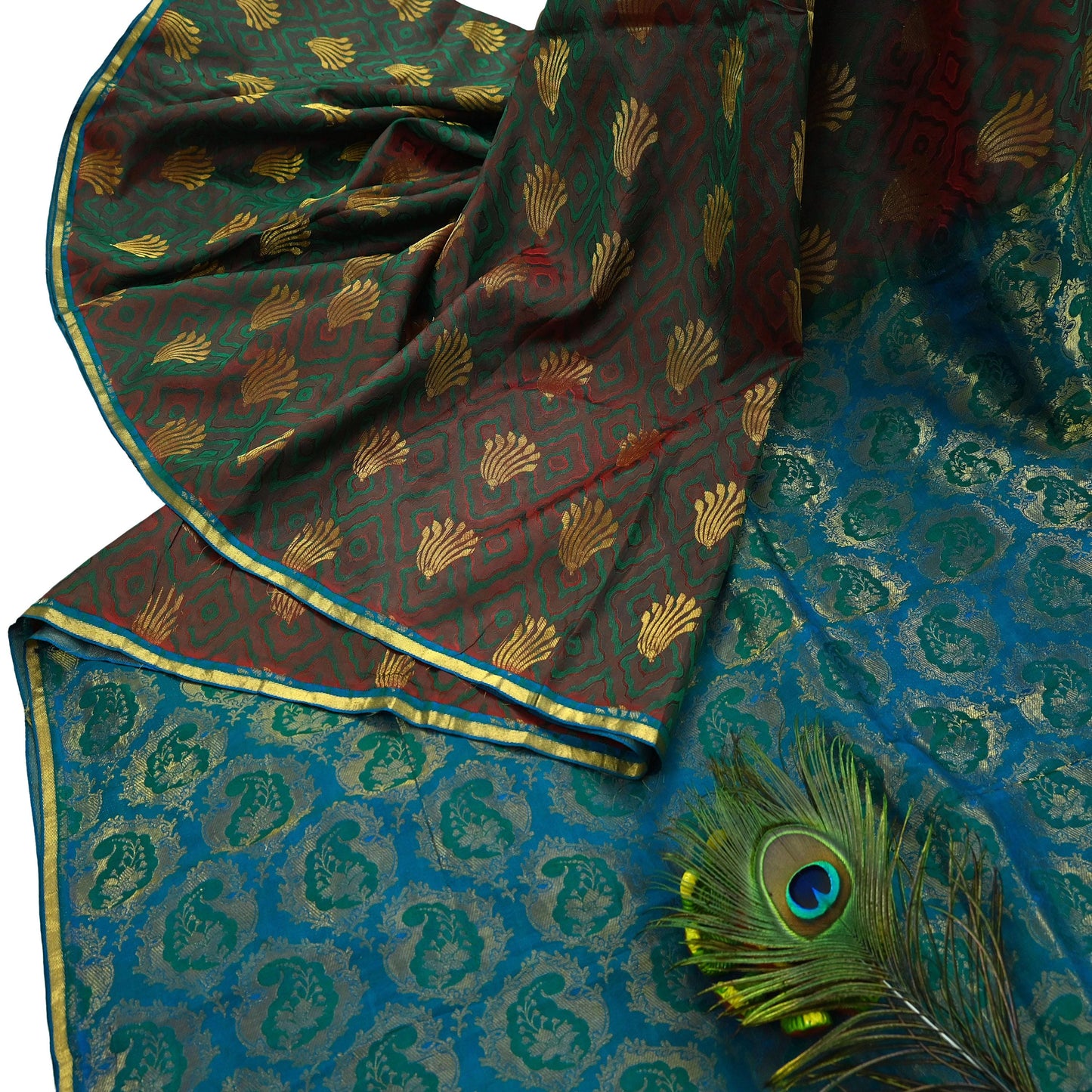 Indian Vintage Heavy Sari Green & Blue Kanjivaram Saree 100% Pure Silk Zari 5Yd Crafting Dress making For Crafting Quilting Upcycle