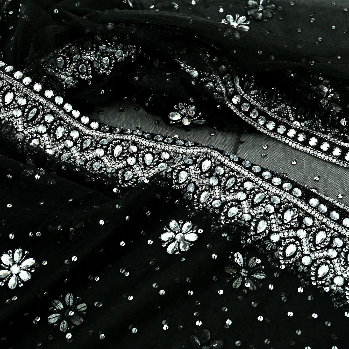 Indian Heavy Sari Black Net/Mesh Hand Embroidered Sarees Craft Fabric 6Yd Sewing Soft Zardozi Wedding sarees With Blouse fabric